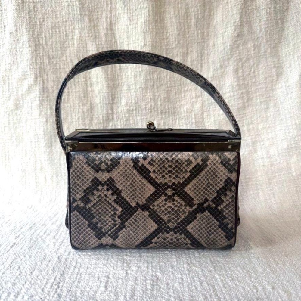 Vintage Faux Snakeskin Pillbox Purse 1950s Top Handle‎ Bag Dark Brown/Tan
